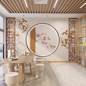 8D新中式 花鸟沙发电视背景墙纸木纹格栅茶室禅意山水壁画定制壁布
