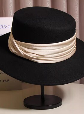 白色法式复古羊毛呢平顶礼帽女春秋冬时尚优雅英伦复古穿搭帽子潮