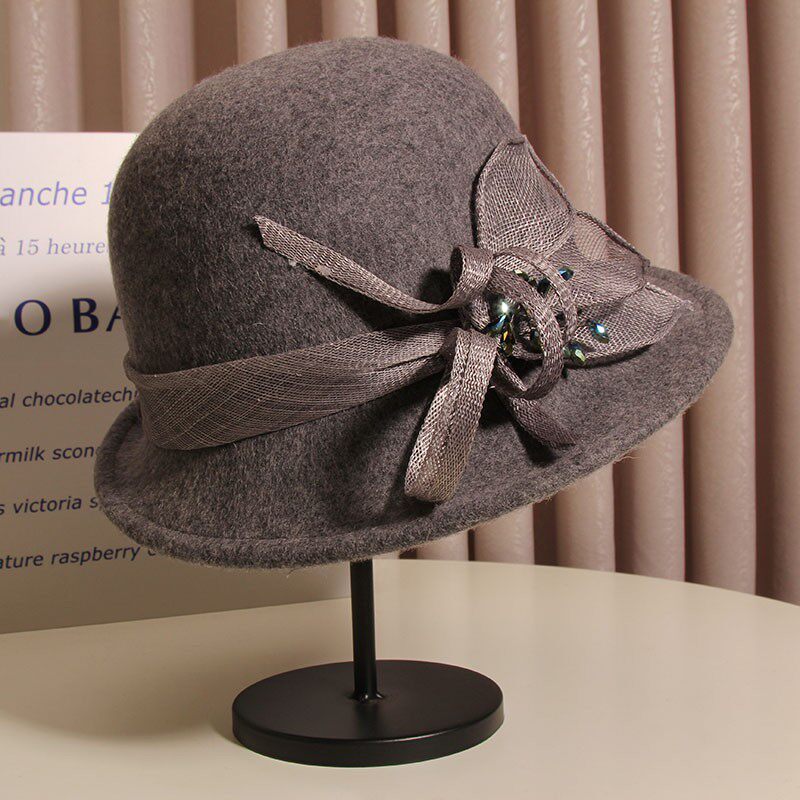 帽子女士秋冬羊毛卷边礼帽韩版优雅气质网纱花朵羊毛呢盆帽渔夫帽