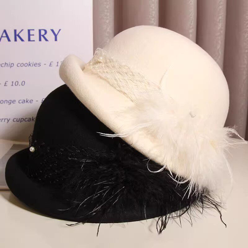 法式轻奢鸵鸟毛羊毛呢贝雷帽女秋冬赫本风复古卷边小礼帽千金帽子