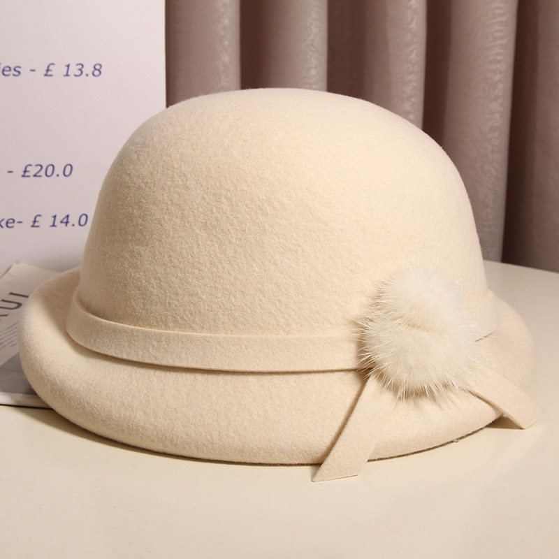 韩版时尚兔毛球羊毛呢贝雷帽女秋冬英伦复古百搭画家帽卷边小礼帽