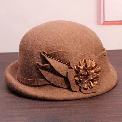 帽子女秋冬韩版新款时尚羊毛呢贝雷帽英伦复古百搭花朵卷边小礼帽