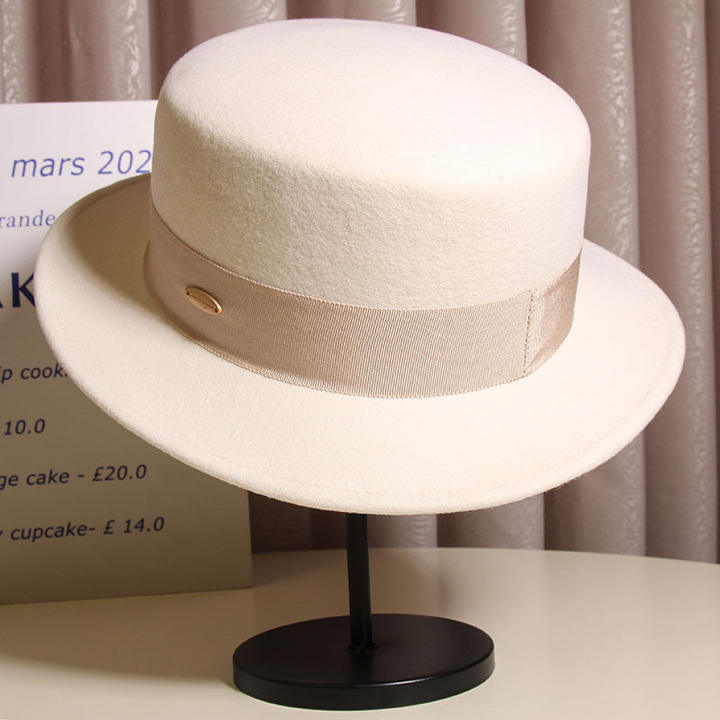欧美轻奢显脸小秋冬白色羊毛呢平顶礼帽男女逛街百搭英伦复古潮