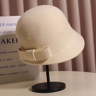 赫本钟型毡帽女秋冬盆帽蝴蝶结时装帽法式复古礼帽女士羊毛呢帽子