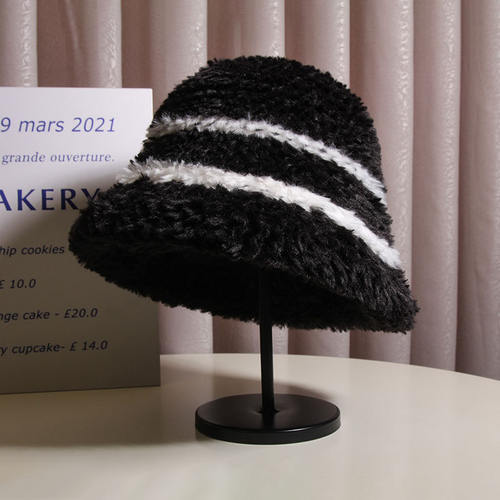 韩版条纹毛绒渔夫帽子女秋冬大头围保暖防寒盆帽百搭显脸小水桶帽