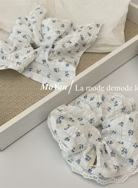 藏蓝碎花布艺大肠发圈文艺复古方巾发绳气质马尾头绳百搭清新头花