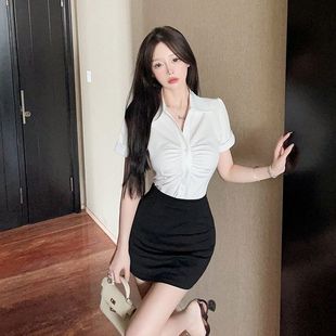 纯欲短袖 包臀裙套装 新款 白色收腰衬衫 上衣 胸前褶皱夏季 辣妹时尚