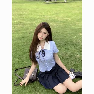 三件套女装 樱岛学姐蓝色学院衬衫 夏季 减龄百褶裙jk套装 短袖