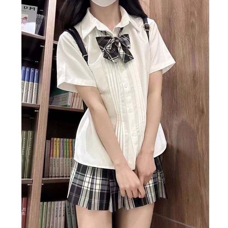 风琴褶jk衬衫上衣白色简约百搭学生毕业服女夏季宽松外搭衬衣