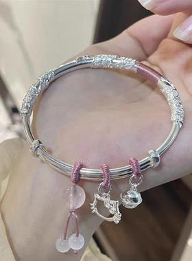 正品繁花似锦Kitty猫纯银手镯女999实心足银镯子送女朋友礼物