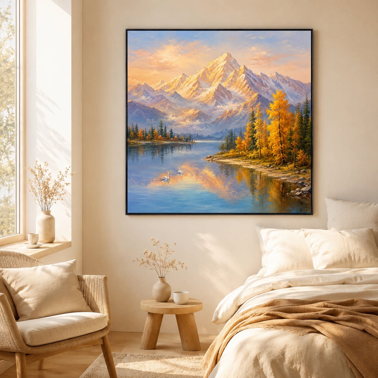 现代简约雪山湖泊天鹅客厅玄关走廊装饰画手绘油画2026新款挂画