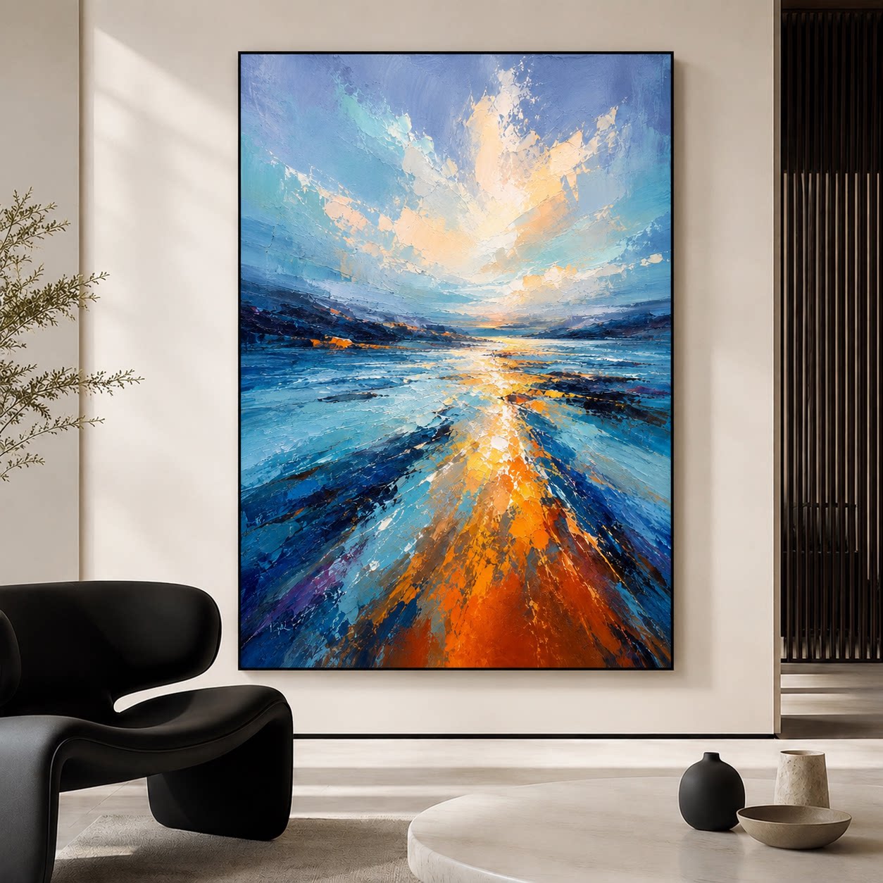 顺丰《海阔天空》现代简约手绘油画入户玄关装饰画走廊过道挂画