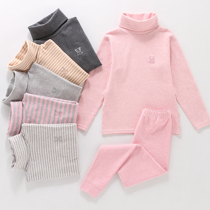 儿童加绒高领保暖内衣套装男童无痕加厚女童无骨条纹舒绒家居服冬