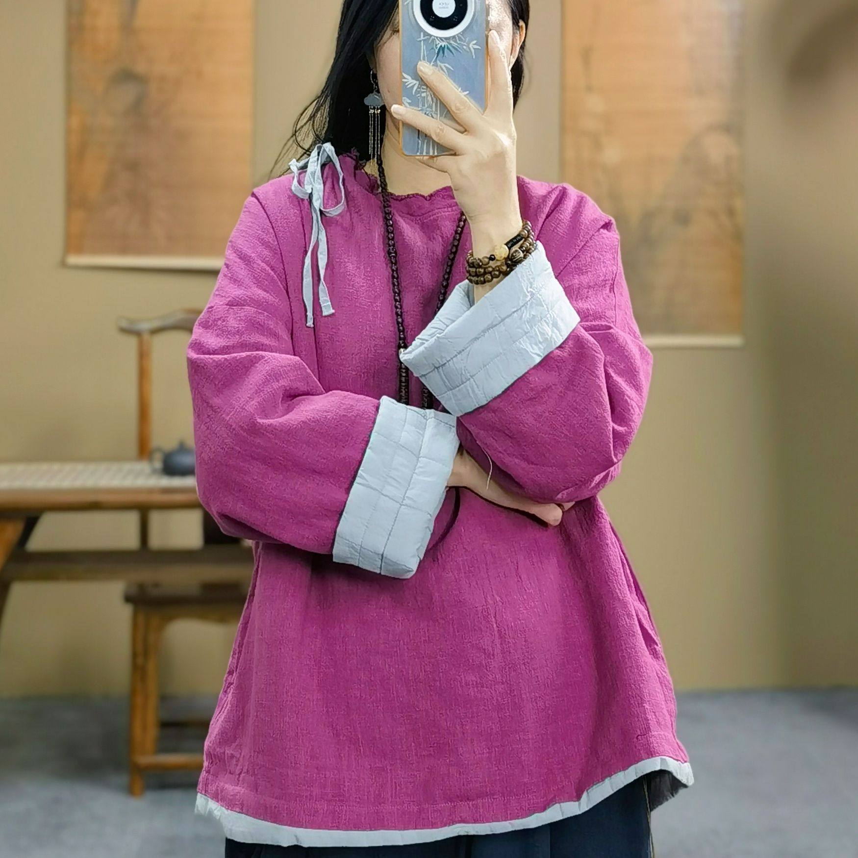 新中式冬装新款棉衣女亚麻纯色假两件夹棉系带套头棉服保暖棉上衣,女装/女士精品,上衣,淘宝优惠券,粉丝福利购,淘宝优惠卷