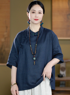 亚麻女装夏季新款复古立领斜襟盘扣纯亚麻短袖衬衫女休闲茶服上衣