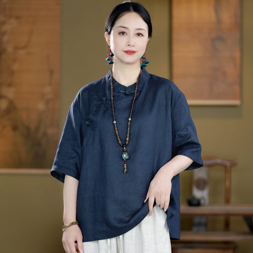 夏季纯亚麻立领斜襟盘扣短袖衬衫