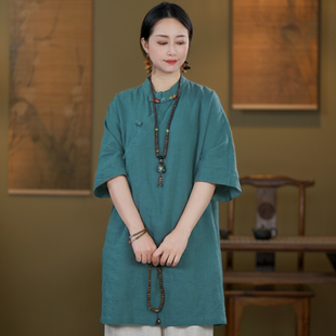 新中式女装夏新款复古立领斜襟亚麻琉璃珠扣五分袖中长款茶服上衣