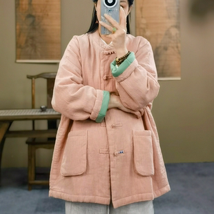 束心新中式冬装新款棉衣复古立领盘扣亚麻纯色宽松休闲棉服外套女
