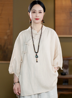 亚麻夏季立领斜襟盘扣灯笼袖茶服