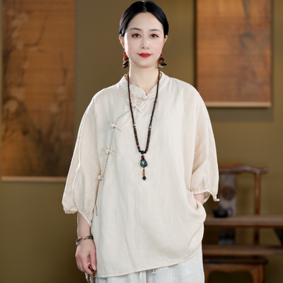 亚麻夏季立领斜襟盘扣灯笼袖茶服
