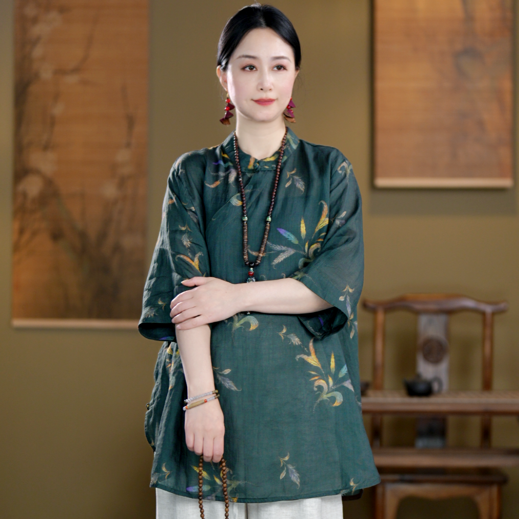 苎麻女装夏季新款复古立领斜襟盘扣五分袖衬衫女印花薄款休闲上衣