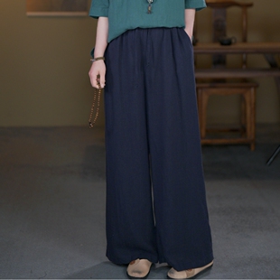 秋冬新款女装文艺复古宽松百搭松紧腰亚麻双层休闲裤显瘦直筒长裤
