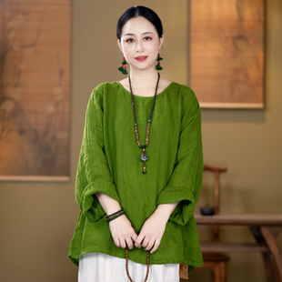 女装秋季新款复古国风宽松文艺圆领休闲显瘦长袖衬衫亚麻纯色上衣