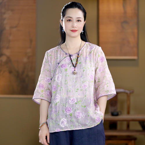 夏季苎麻斜襟盘扣重工刺绣茶服