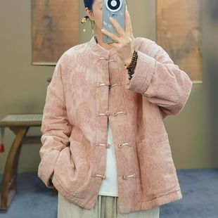 束心新中式冬装新款棉衣女立领盘扣亚麻棉织花夹棉外套休闲棉服女