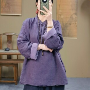 新款 春装 复古手工线立领盘扣水滴领亚麻双层休闲上衣女 女装 新中式