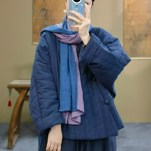 棉衣女立领斜开襟盘扣亚麻纯色棉服夹棉外套女 新款 束心新中式 冬装