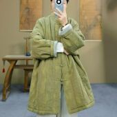 棉衣复古立领盘扣亚麻织花中长款 新款 加厚保暖棉服 冬装 束心新中式