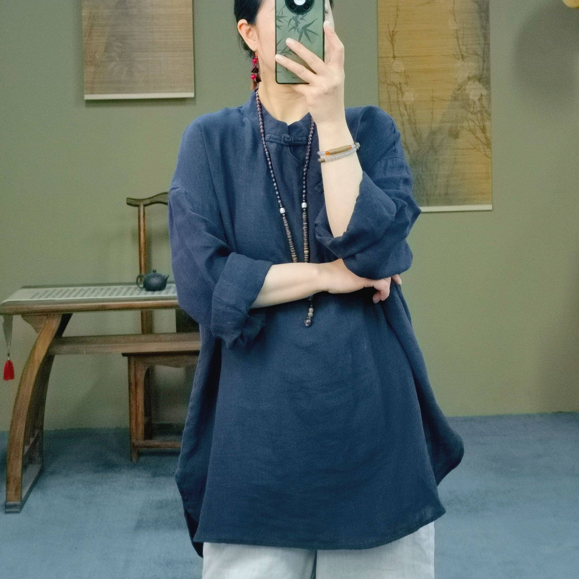 新中式女装春装新款复古立领斜襟盘扣长袖衬衫女亚麻休闲茶服上衣