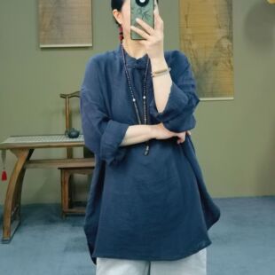 新中式女装春装新款复古立领斜襟盘扣长袖衬衫女亚麻休闲茶服上衣