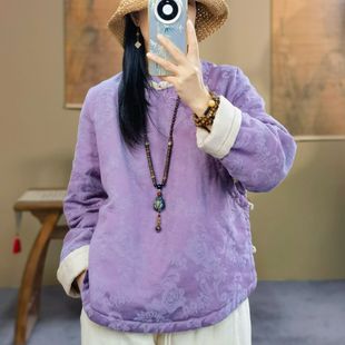 束心新中式冬季新品棉服女立领斜开襟盘扣汉麻棉织花拼色复古棉衣