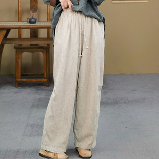 女装 女亚麻双层捏褶老爹裤 春装 复古显瘦百搭休闲弯刀裤 新款 新中式