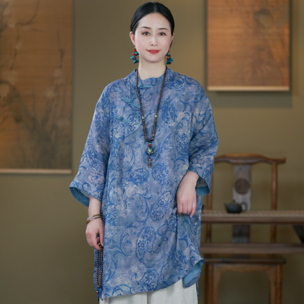 苎麻女装夏季新款复古立领斜襟印花宽松五分袖中长款上衣休闲茶服