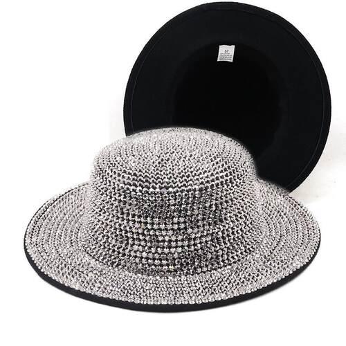 Full Diamond Adjustable Flat top Fedora Hat Bling Rhinestone