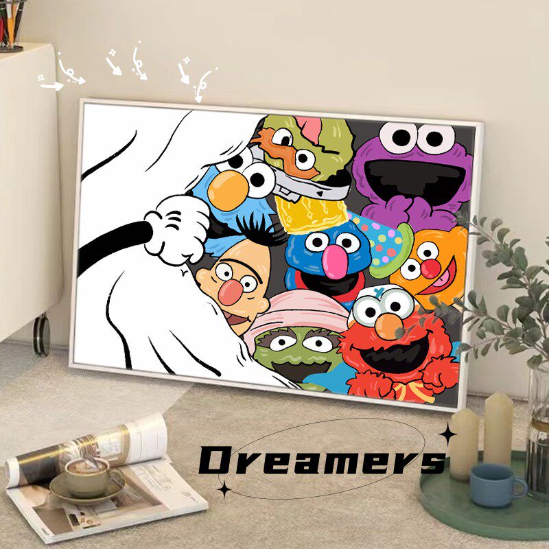芝麻街数字油画diy填充卡通动漫手绘填色画丙烯油彩画房间装饰画