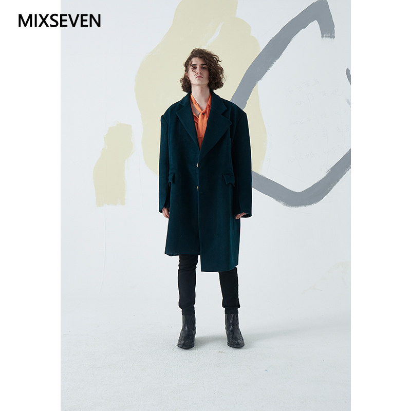 mixseven原创设计秋冬款毛呢大衣宽松落肩不对称中长款呢子外套
