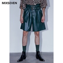 MIXSEVEN原创设计皮短裤 孔雀绿仿真皮不对称腰头宽松高腰五分裤