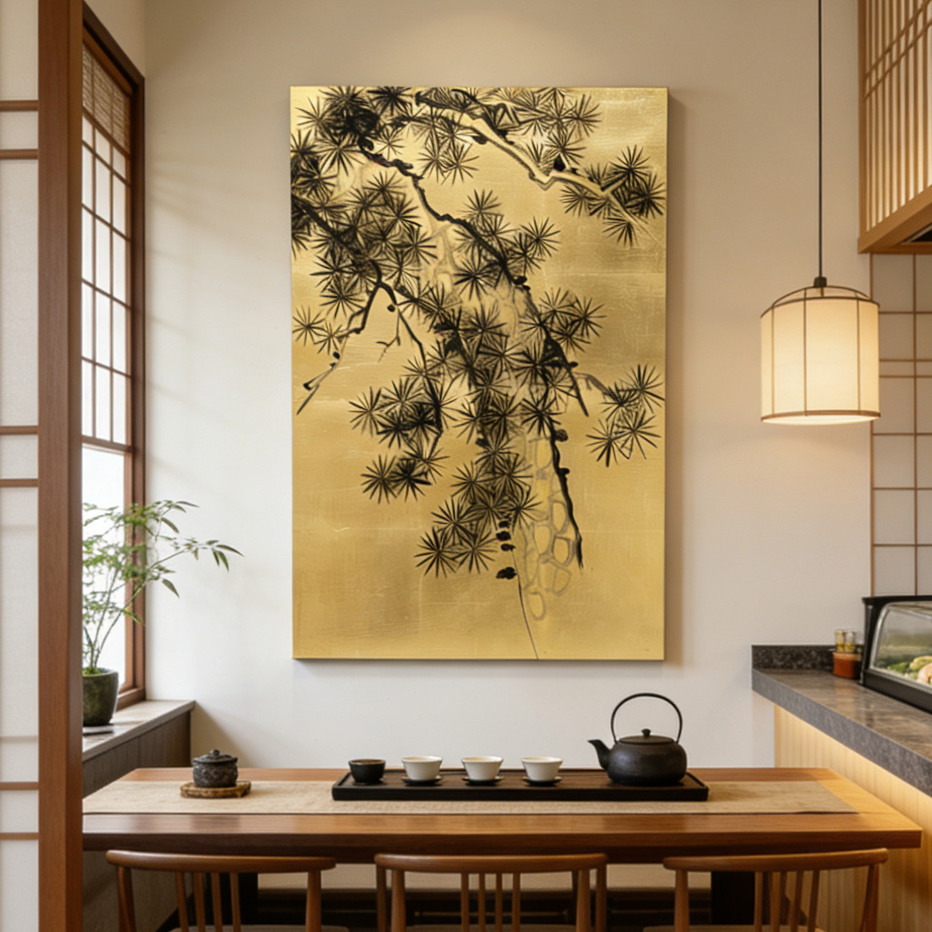 手绘禅意茶室挂画新中式轻奢装饰画松树国画玄关中古风金箔装饰画