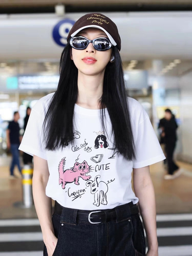张俪同款2025新款夏季白色卡通印花短袖T恤女宽松显瘦上衣女ins潮