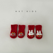 2024新年红色婴儿袜子喜庆小兔子加厚毛圈袜0 1岁宝宝保暖中筒袜