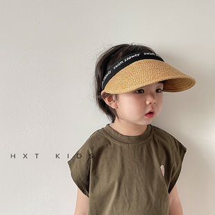 夏季亲子空顶草帽户外出游大帽檐遮阳防晒帽儿童宝宝时尚百搭帽子