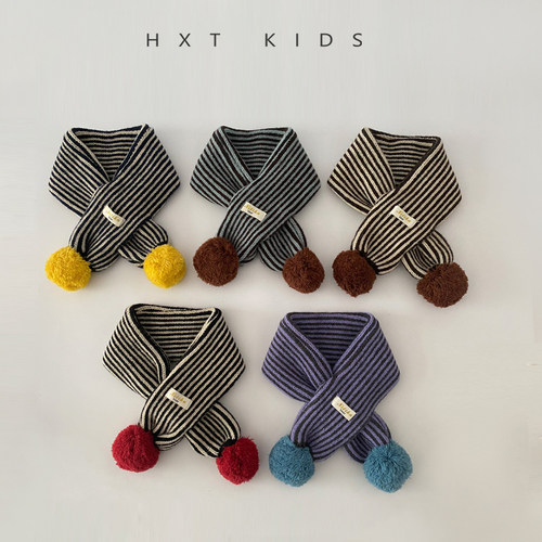 针织围巾条纹撞色球球保暖韩版