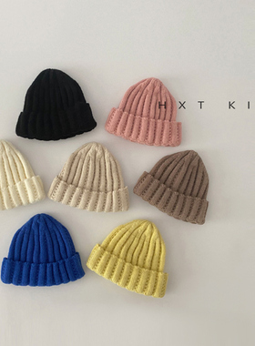 婴儿毛线帽纯色洋气套头瓜皮帽0-1岁小月龄宝宝针织帽条纹帽子潮