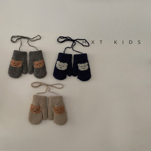 婴儿手套冬季超萌可爱小熊挂脖防掉全包保暖婴幼儿宝宝韩版指头冬