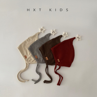 婴儿护耳帽秋冬季尖顶小星星系带帽子0-3个月小月龄初生宝宝胎帽6