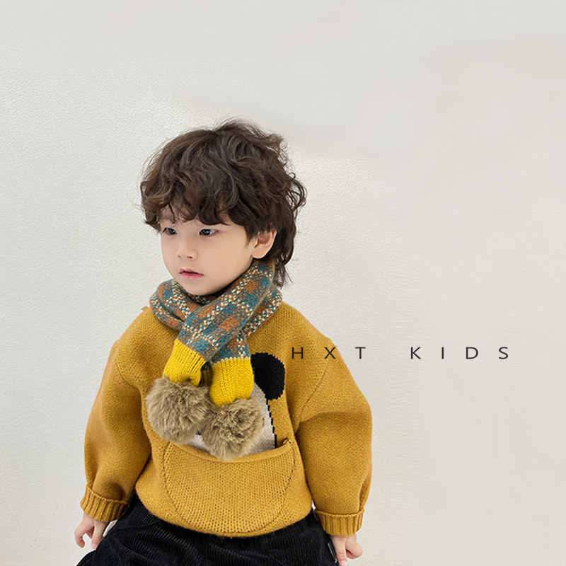 INS 한국어 모피 공 색상 매칭 스타일 어린이 스카프 겨울 소년과 소녀 여행 따뜻한 착용 크로스 스카프